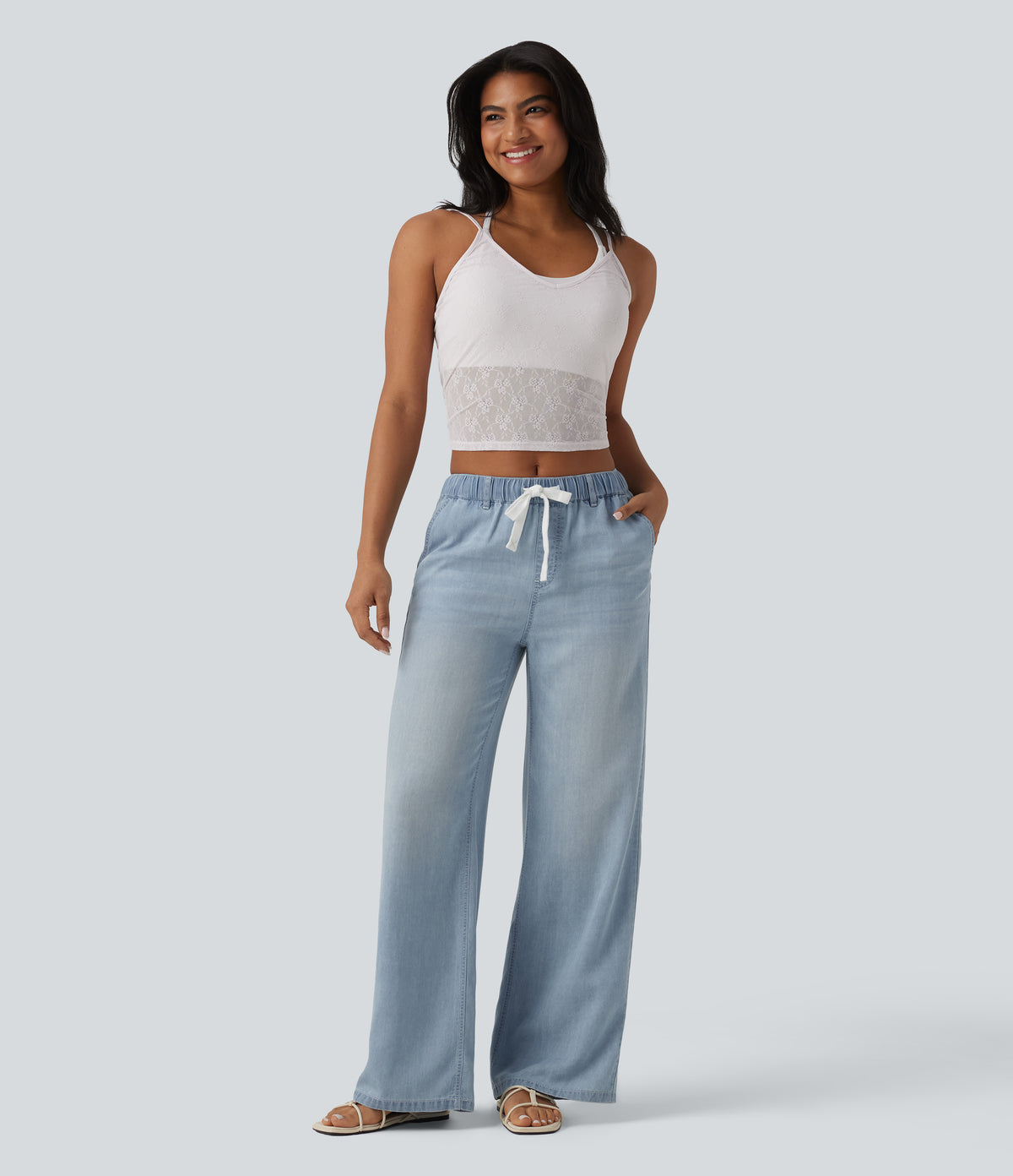 Mid Rise Drawstring Casual Jeans with Pockets — Malibu Blue Denim — view 4