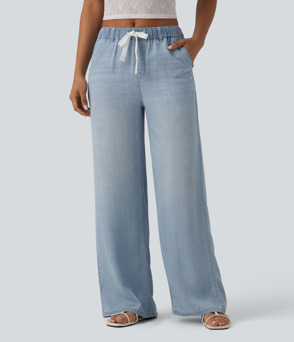 Mid Rise Drawstring Casual Jeans with Pockets — Malibu Blue Denim — view 1