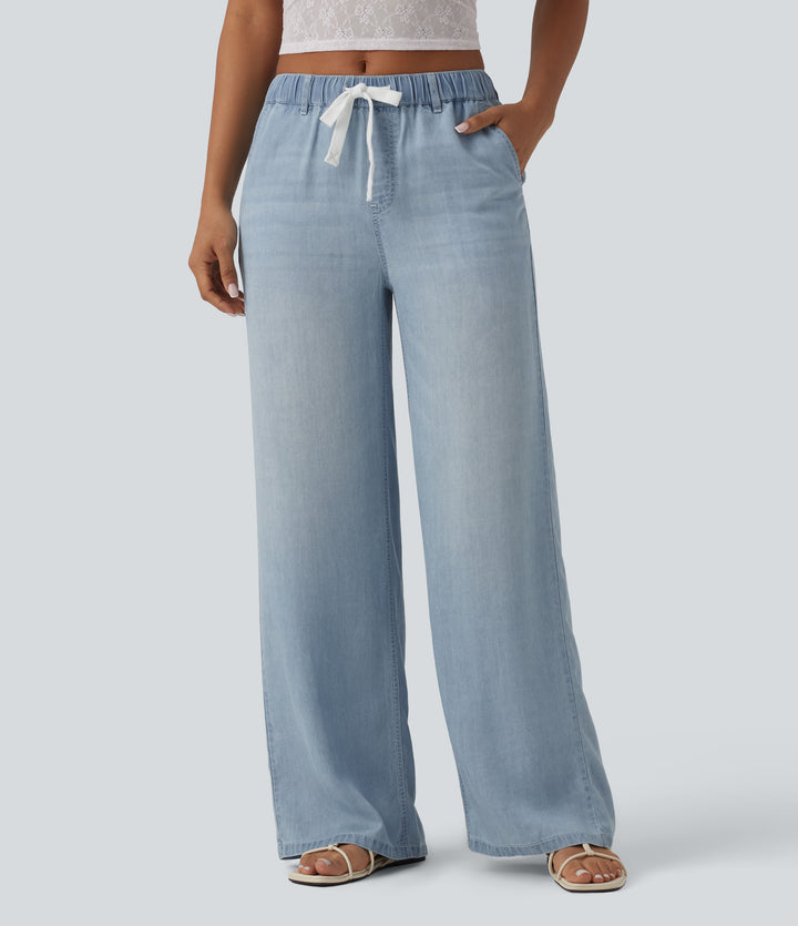 Mid Rise Drawstring Casual Jeans with Pockets — Malibu Blue Denim — view 1