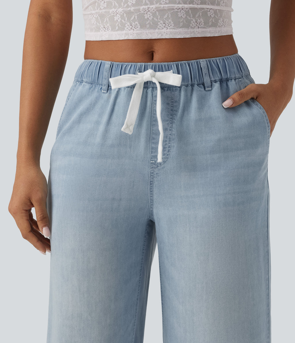 Mid Rise Drawstring Casual Jeans with Pockets — Malibu Blue Denim — view 5