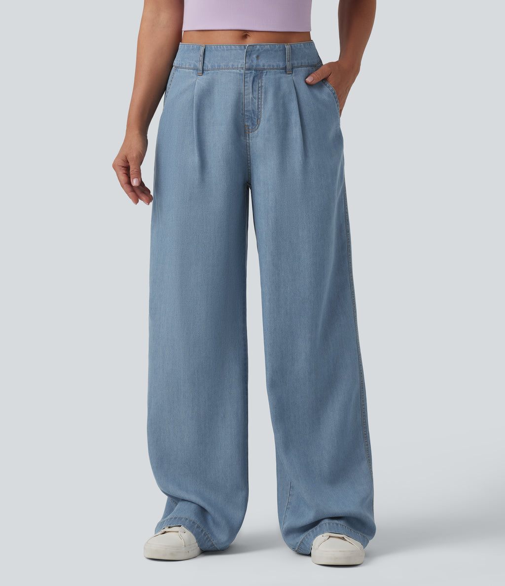 Mid Rise Wide Leg Casual Jeans with Pockets — Blue Jasper Denim — view 1
