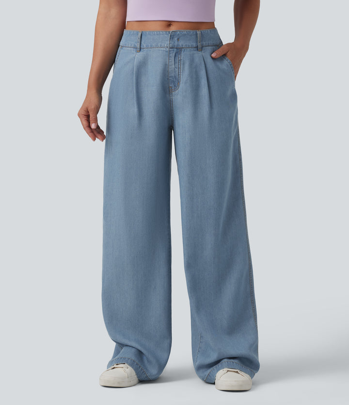 Mid Rise Wide Leg Casual Jeans with Pockets — Blue Jasper Denim — view 1