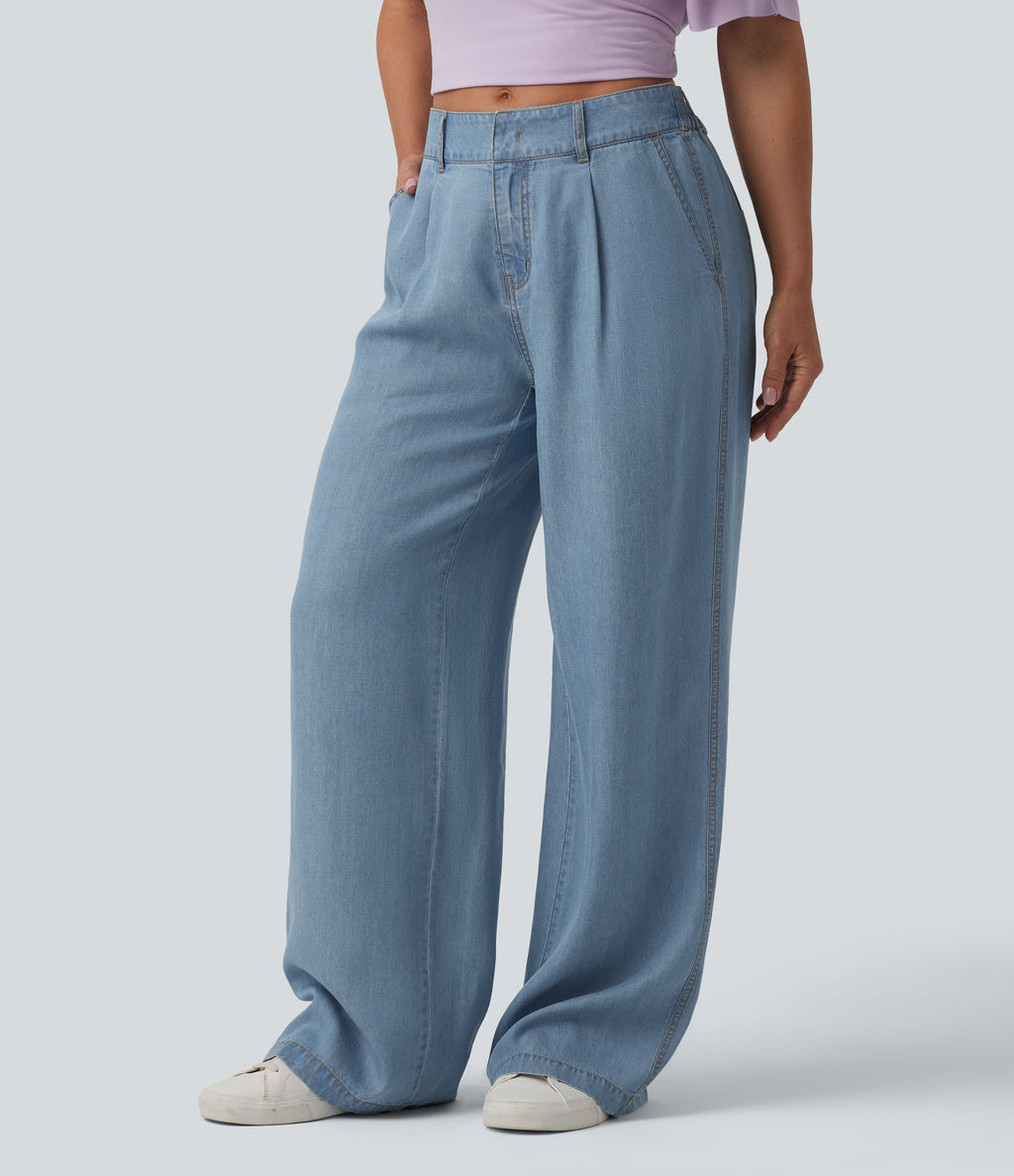 Mid Rise Wide Leg Casual Jeans with Pockets — Blue Jasper Denim — view 3
