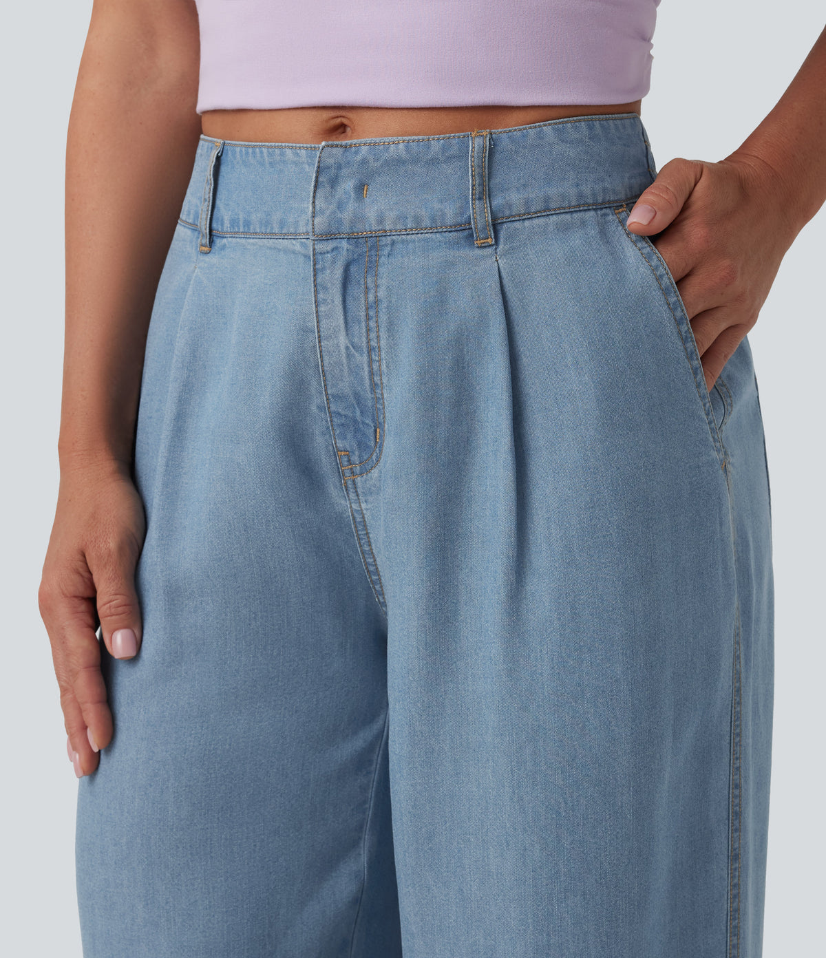 Mid Rise Wide Leg Casual Jeans with Pockets — Blue Jasper Denim — view 5