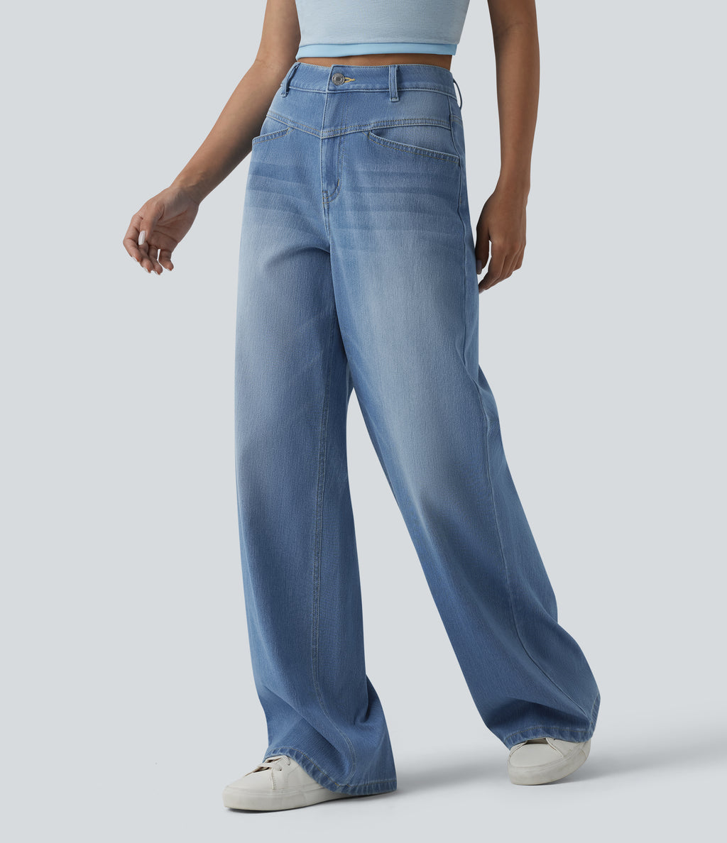 High Waisted Wide Leg Washed Casual Jeans with Pockets — Powder Blue Denim — view 3