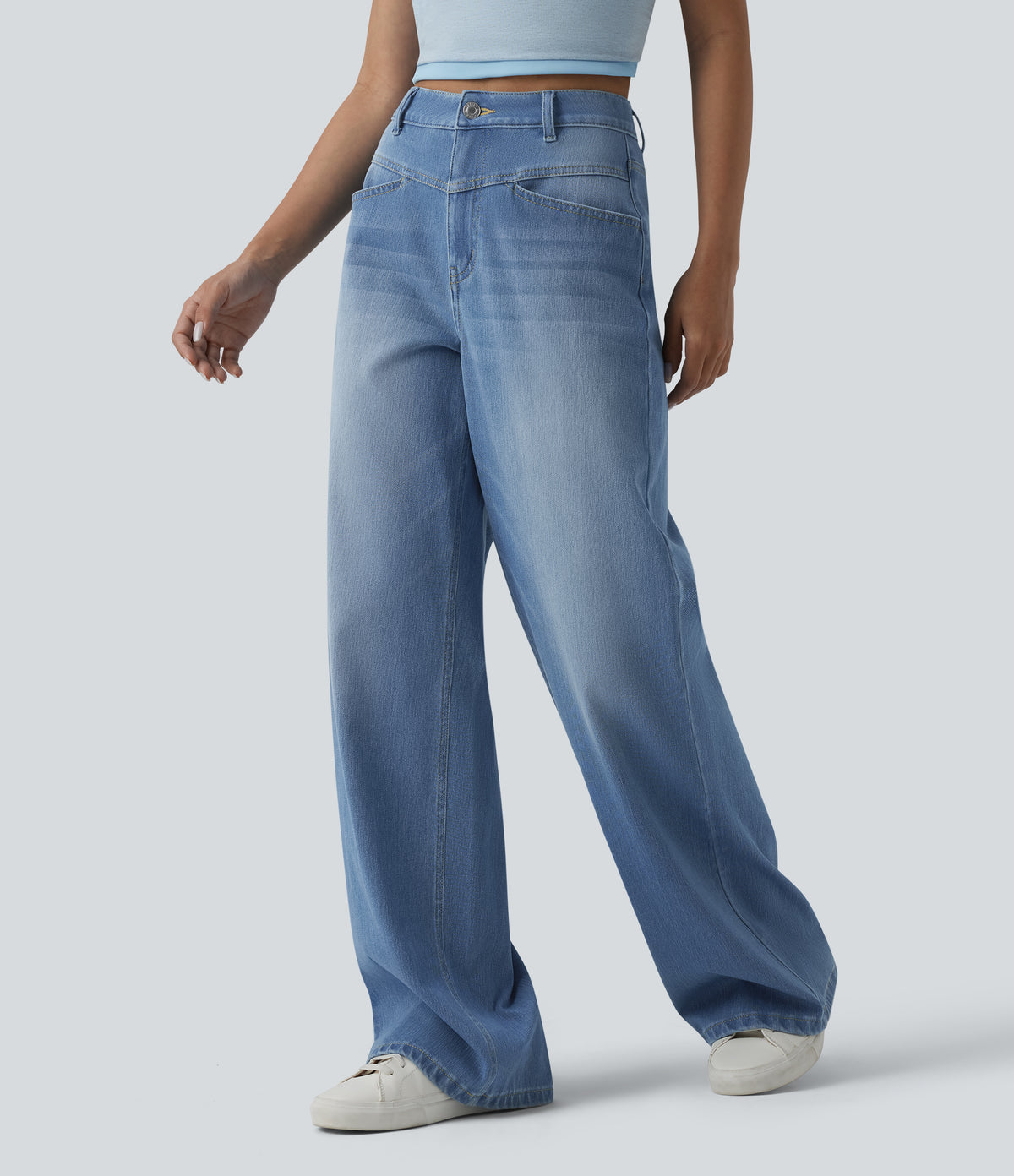 High Waisted Wide Leg Washed Casual Jeans with Pockets — Powder Blue Denim — view 3