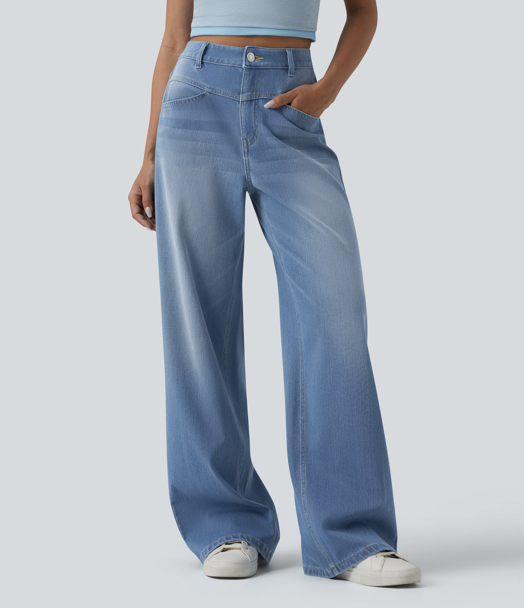 High Waisted Wide Leg Washed Casual Jeans with Pockets — Powder Blue Denim — view 1