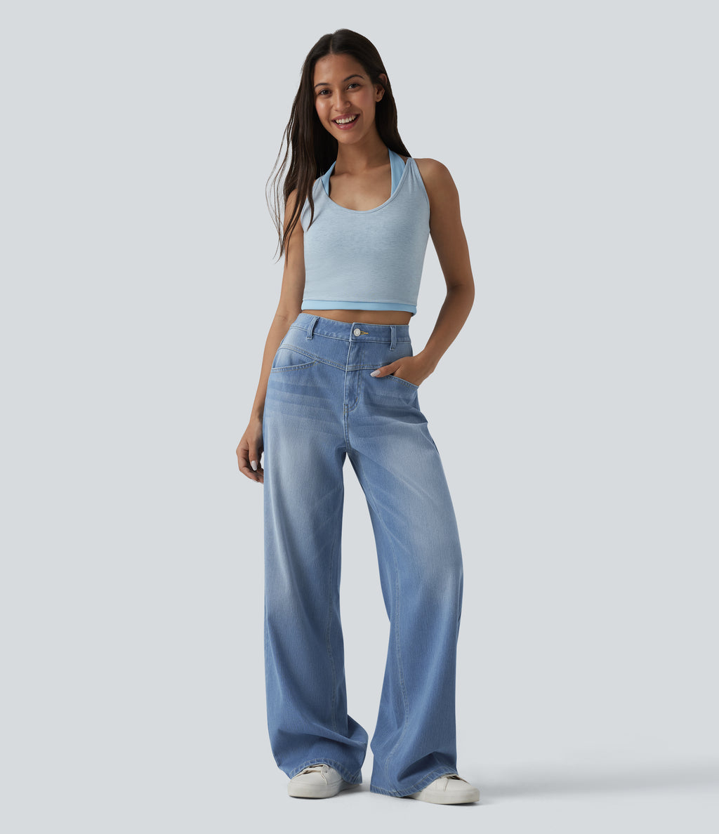 High Waisted Wide Leg Washed Casual Jeans with Pockets — Powder Blue Denim — view 6