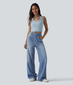 High Waisted Wide Leg Washed Casual Jeans with Pockets — Powder Blue Denim — view 6