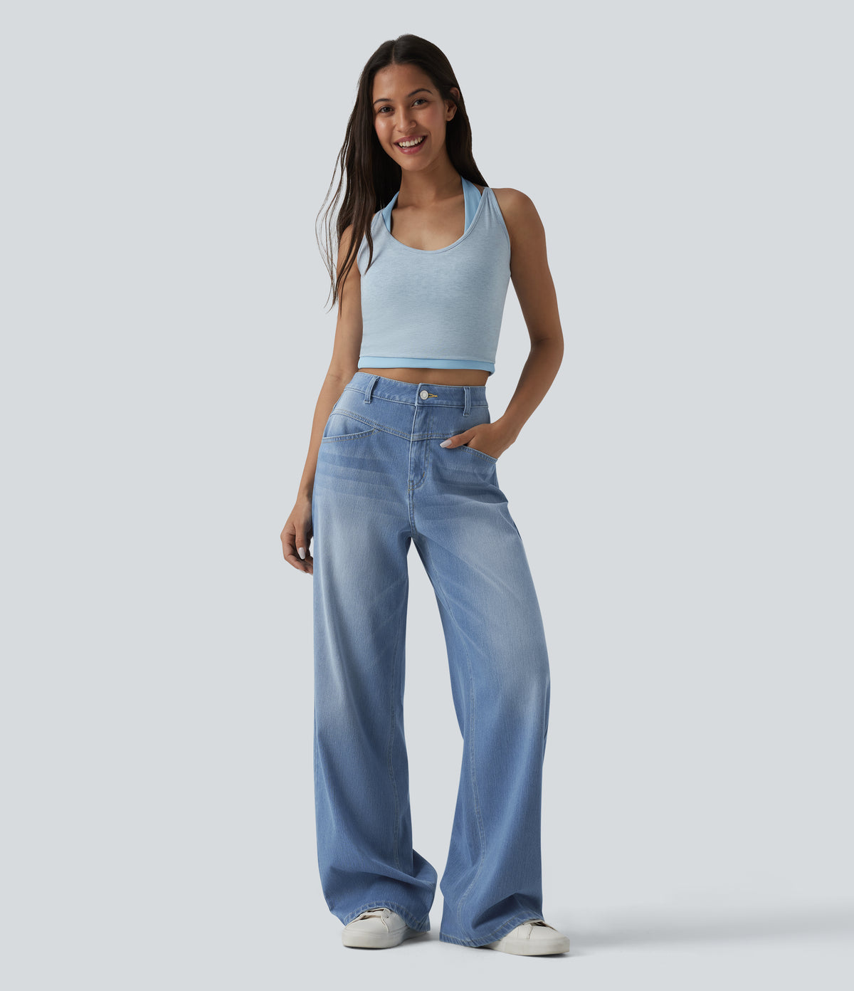 High Waisted Wide Leg Washed Casual Jeans with Pockets — Powder Blue Denim — view 6
