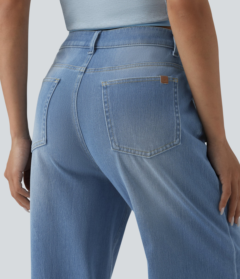 High Waisted Wide Leg Washed Casual Jeans with Pockets — Powder Blue Denim — view 4