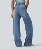 High Waisted Wide Leg Washed Casual Jeans with Pockets — Powder Blue Denim — view 2