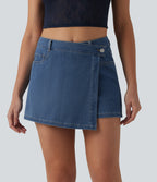 Mid Rise Asymmetric Denim Micro Casual Skort with Pockets — Blue Jasper Denim — view 1