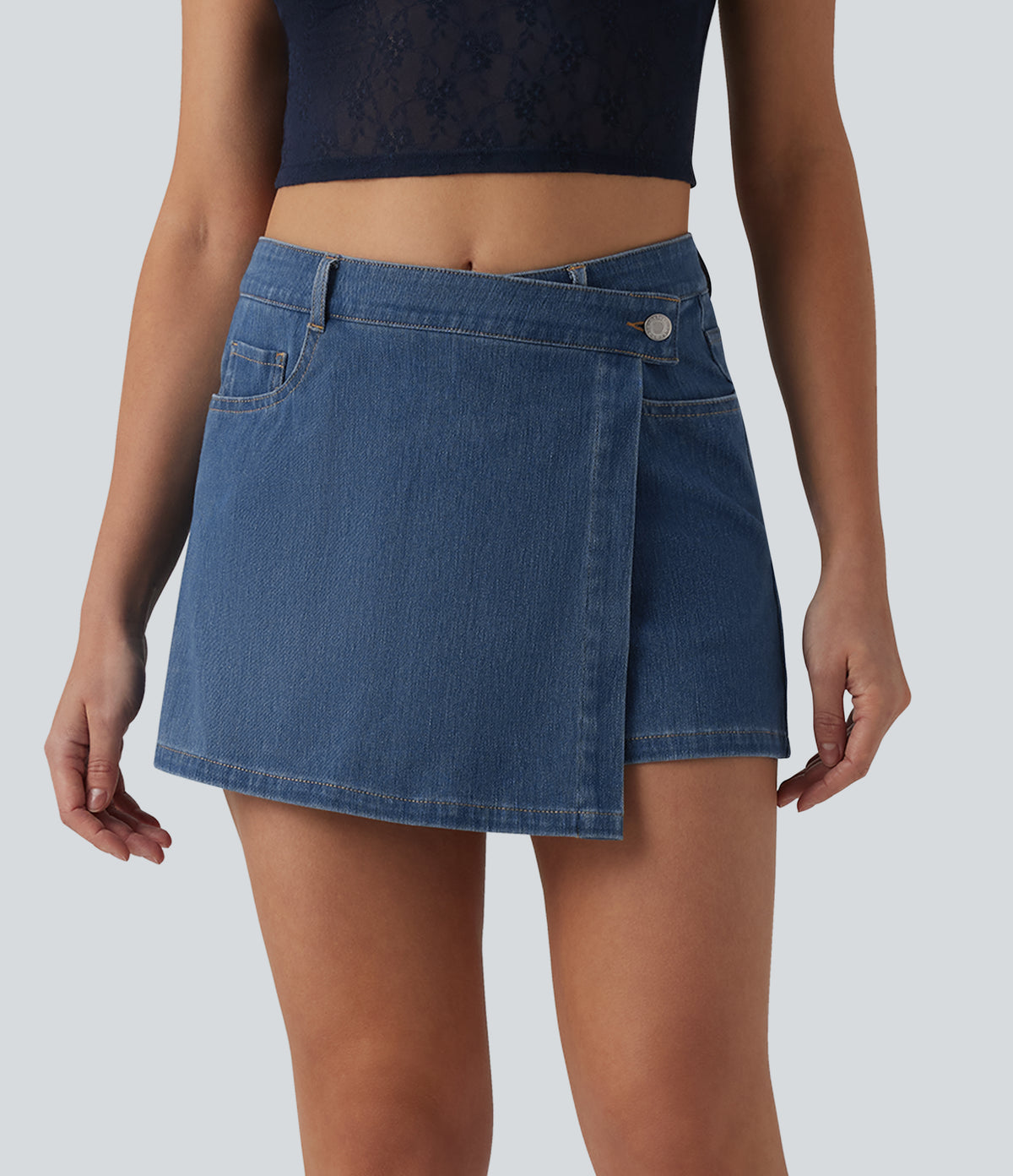 Mid Rise Asymmetric Denim Micro Casual Skort with Pockets — Blue Jasper Denim — view 1