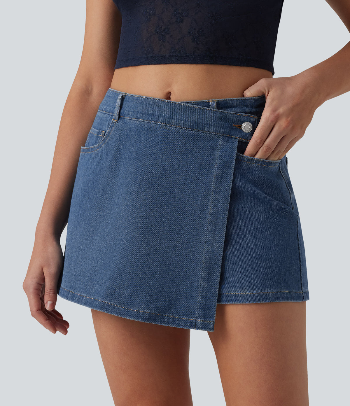 Mid Rise Asymmetric Denim Micro Casual Skort with Pockets — Blue Jasper Denim — view 5