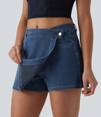 Mid Rise Asymmetric Denim Micro Casual Skort with Pockets — Blue Jasper Denim — view 4