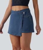 Mid Rise Asymmetric Denim Micro Casual Skort with Pockets — Blue Jasper Denim — view 3