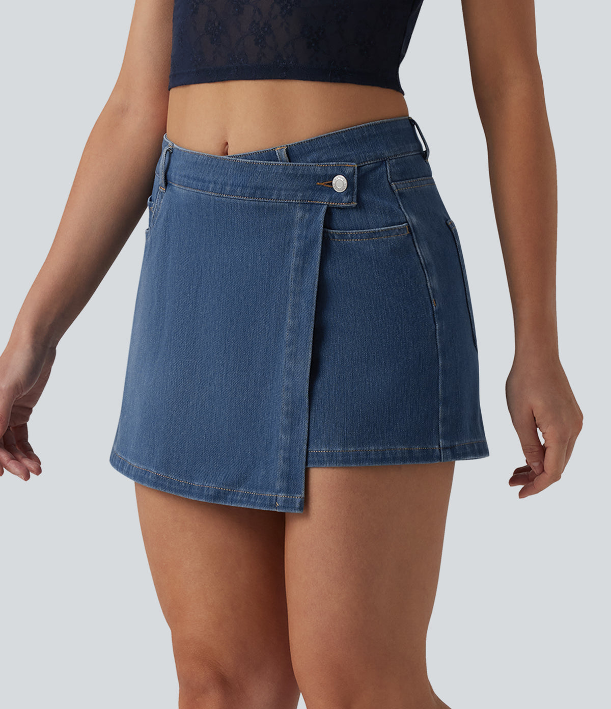 Mid Rise Asymmetric Denim Micro Casual Skort with Pockets — Blue Jasper Denim — view 3