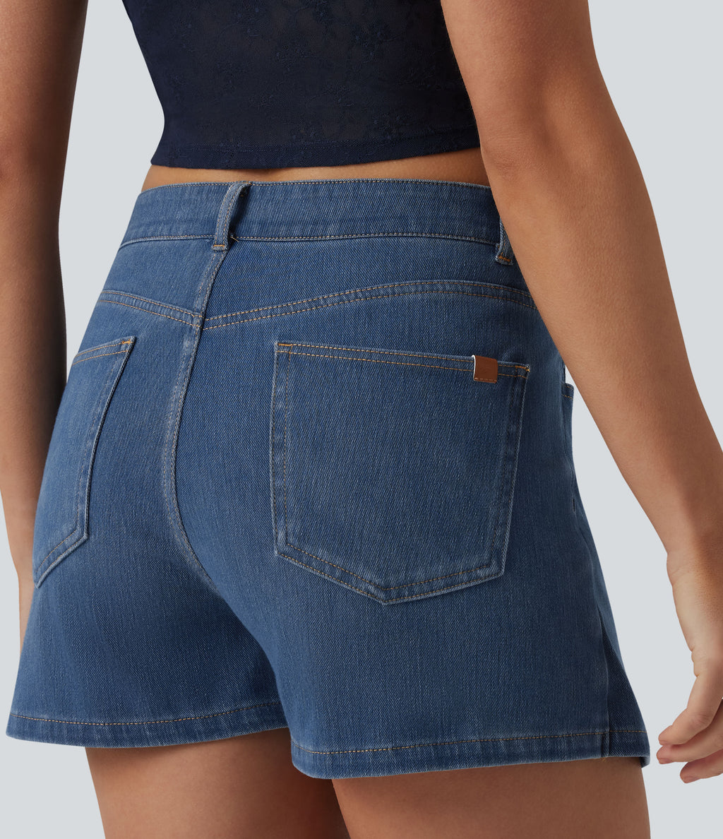 Mid Rise Asymmetric Denim Micro Casual Skort with Pockets — Blue Jasper Denim — view 6