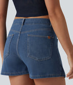 Mid Rise Asymmetric Denim Micro Casual Skort with Pockets — Blue Jasper Denim — view 6