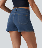 Mid Rise Asymmetric Denim Micro Casual Skort with Pockets — Blue Jasper Denim — view 2