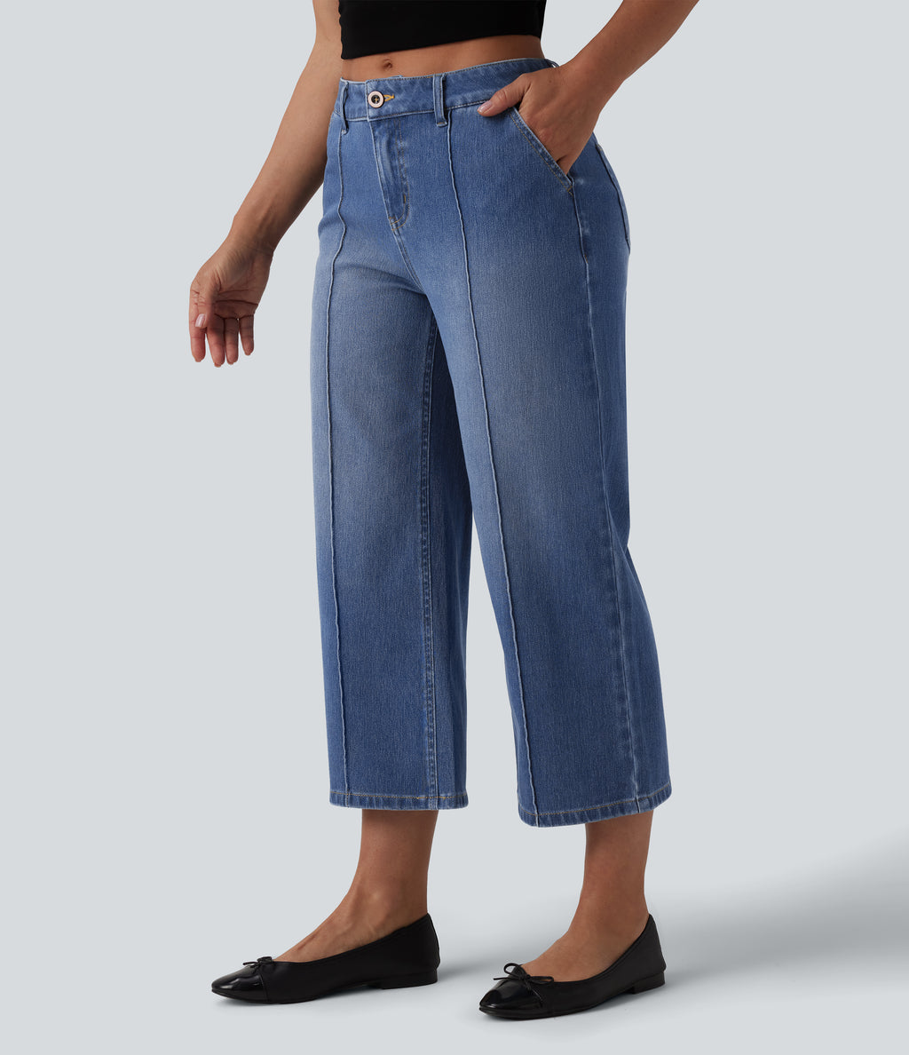Mid Rise Straight Leg Washed Cropped Casual Jeans with Pockets — Tide Blue Denim — view 3