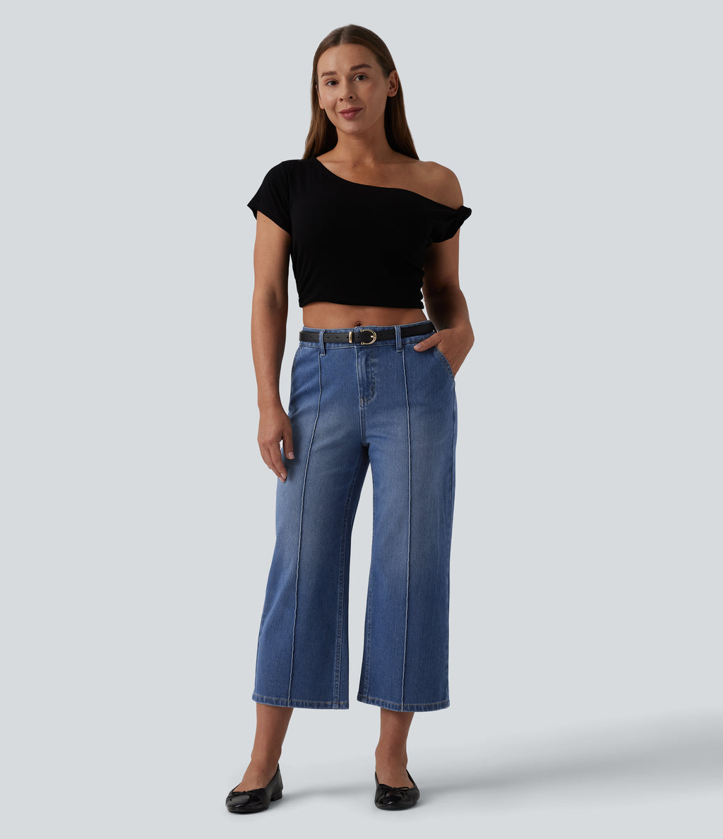 Mid Rise Straight Leg Washed Cropped Casual Jeans with Pockets — Tide Blue Denim — view 6