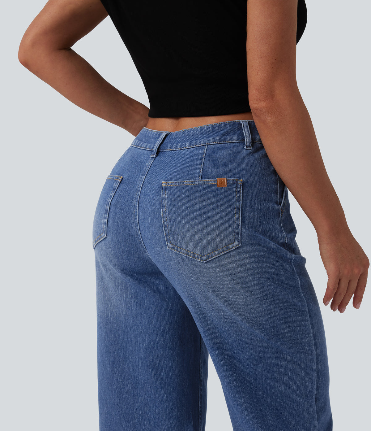 Mid Rise Straight Leg Washed Cropped Casual Jeans with Pockets — Tide Blue Denim — view 5