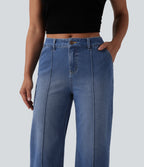 Mid Rise Straight Leg Washed Cropped Casual Jeans with Pockets — Tide Blue Denim — view 4