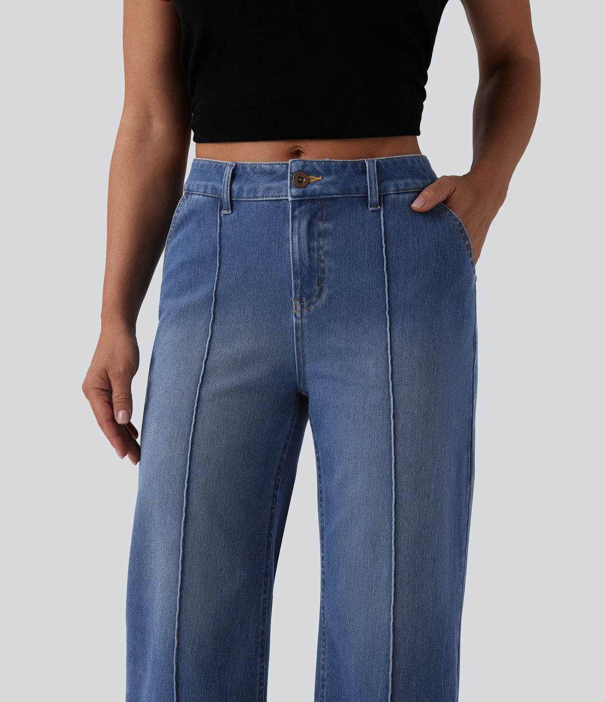 Mid Rise Straight Leg Washed Cropped Casual Jeans with Pockets — Tide Blue Denim — view 4