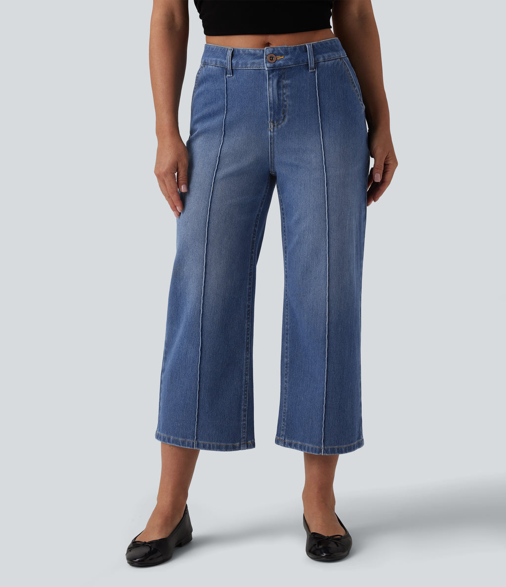 Mid Rise Straight Leg Washed Cropped Casual Jeans with Pockets — Tide Blue Denim — view 1