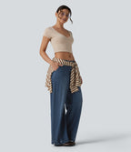Mid Rise Adjustable Hem Draped Lyocell Washed Casual Baggy Wide Leg Jeans with Pockets — Tide Blue Denim — view 8