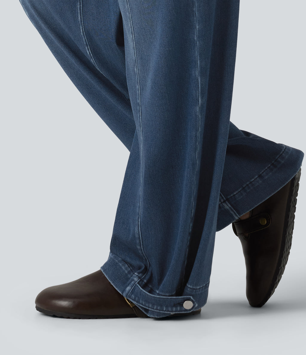 Mid Rise Adjustable Hem Draped Lyocell Washed Casual Baggy Wide Leg Jeans with Pockets — Tide Blue Denim — view 7