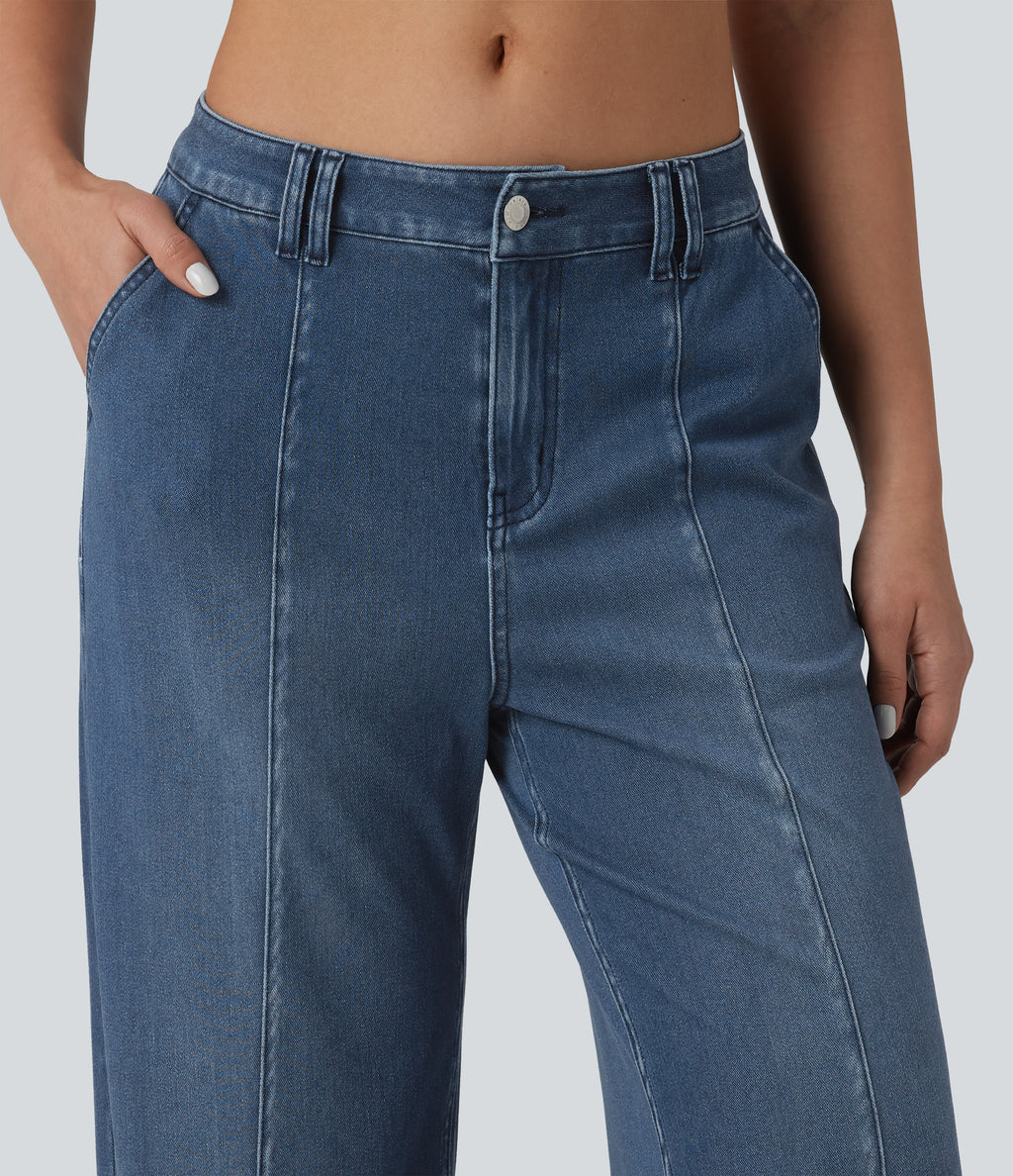 Mid Rise Adjustable Hem Draped Lyocell Washed Casual Baggy Wide Leg Jeans with Pockets — Tide Blue Denim — view 4