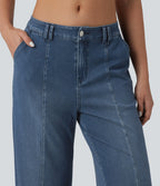 Mid Rise Adjustable Hem Draped Lyocell Washed Casual Baggy Wide Leg Jeans with Pockets — Tide Blue Denim — view 4