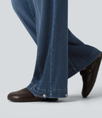 Mid Rise Adjustable Hem Draped Lyocell Washed Casual Baggy Wide Leg Jeans with Pockets — Tide Blue Denim — view 6