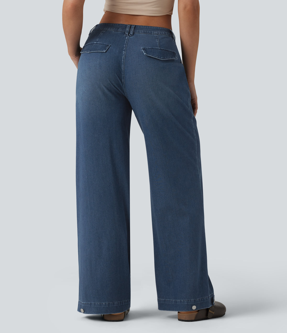 Mid Rise Adjustable Hem Draped Lyocell Washed Casual Baggy Wide Leg Jeans with Pockets — Tide Blue Denim — view 2