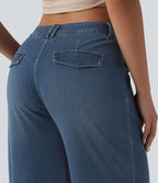 Mid Rise Adjustable Hem Draped Lyocell Washed Casual Baggy Wide Leg Jeans with Pockets — Tide Blue Denim — view 5