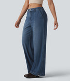 Mid Rise Adjustable Hem Draped Lyocell Washed Casual Baggy Wide Leg Jeans with Pockets — Tide Blue Denim — view 3