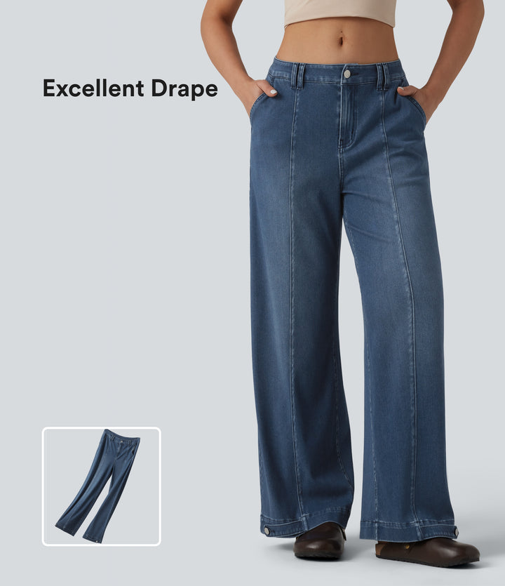 Mid Rise Adjustable Hem Draped Lyocell Washed Casual Baggy Wide Leg Jeans with Pockets — Tide Blue Denim — view 1