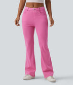High Waisted Colorful Casual Flare Jeans with Pockets — Fuchsia Fedora — view 3