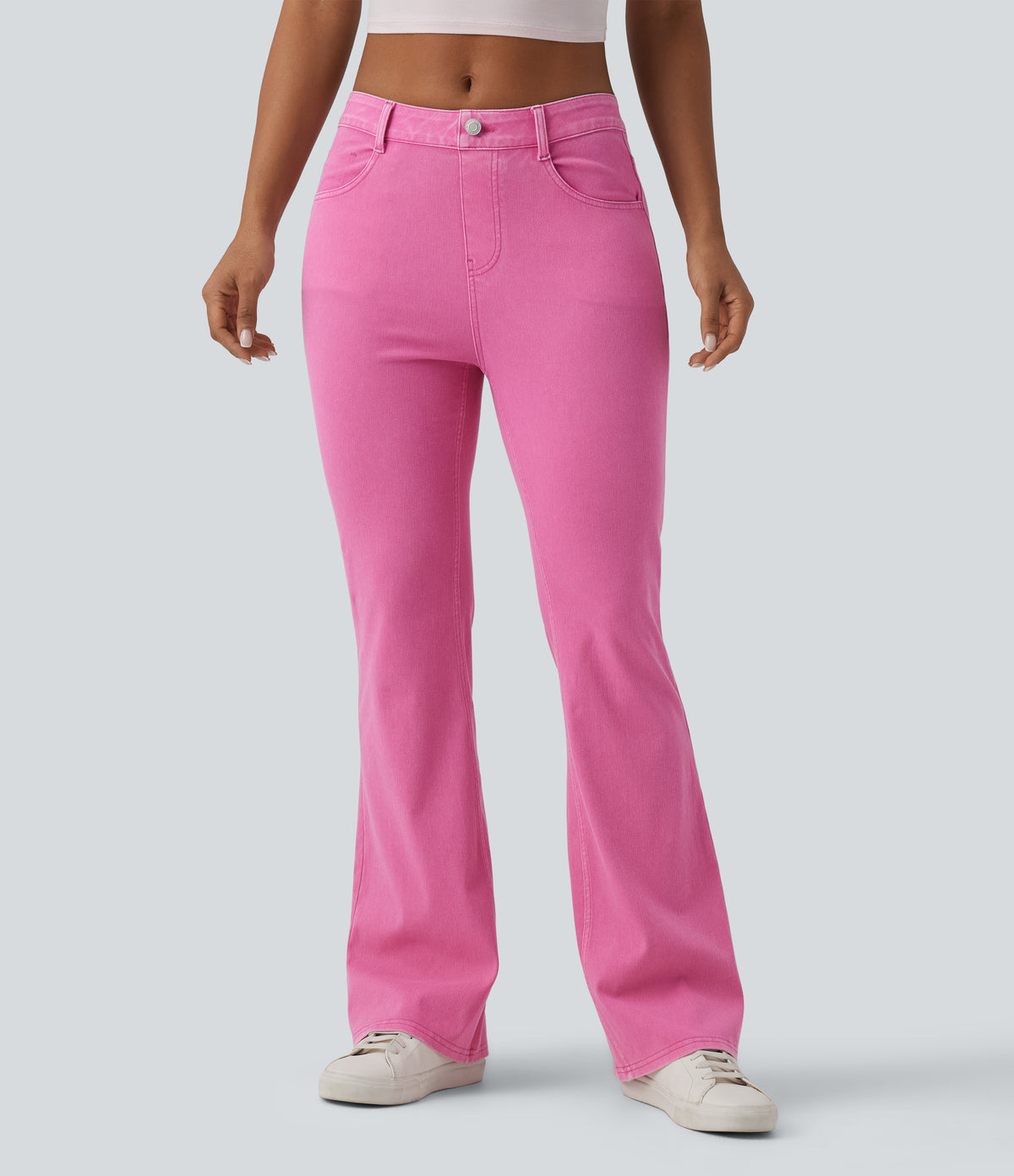High Waisted Colorful Casual Flare Jeans with Pockets — Fuchsia Fedora — view 3