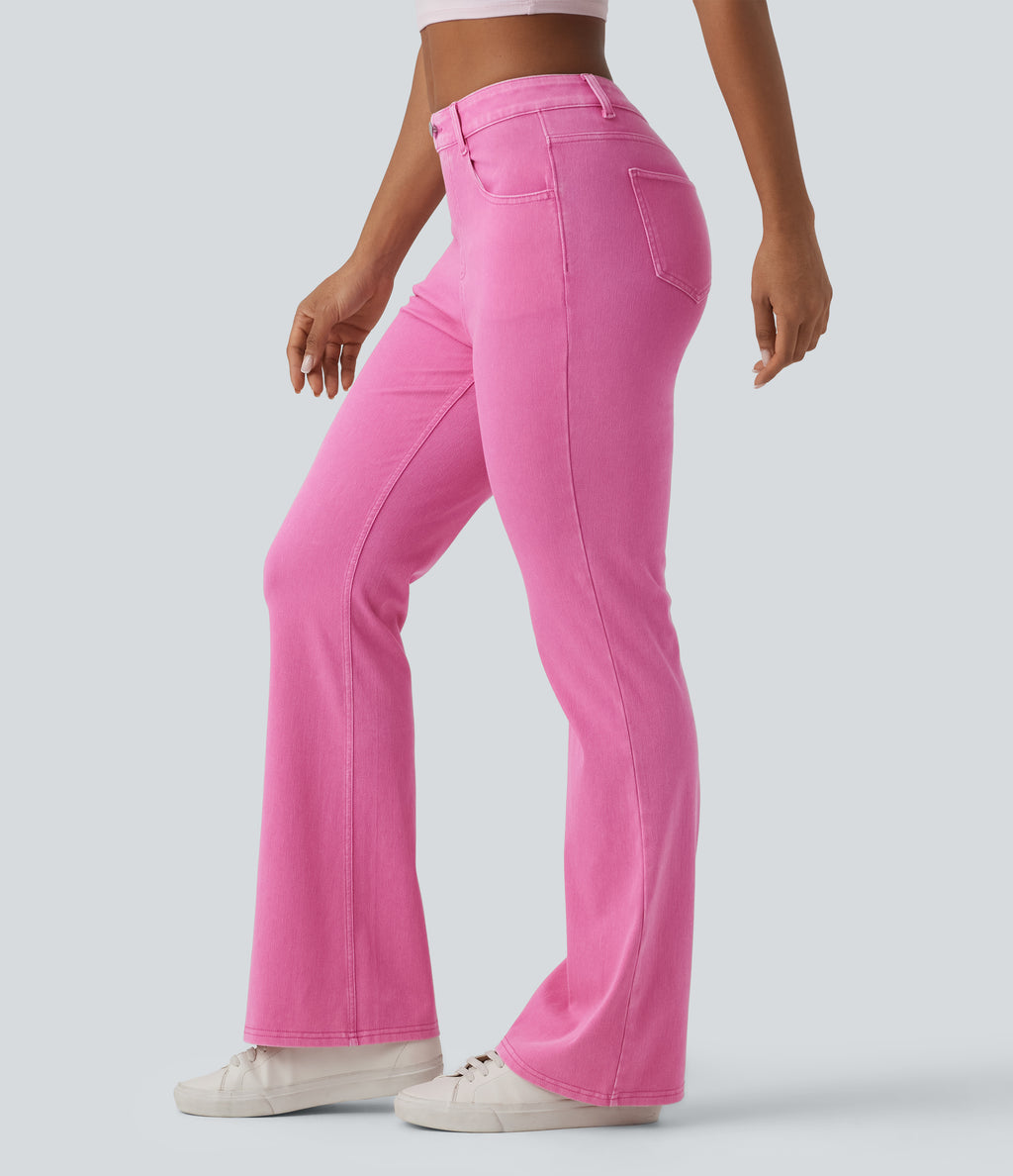 High Waisted Colorful Casual Flare Jeans with Pockets — Fuchsia Fedora — view 1