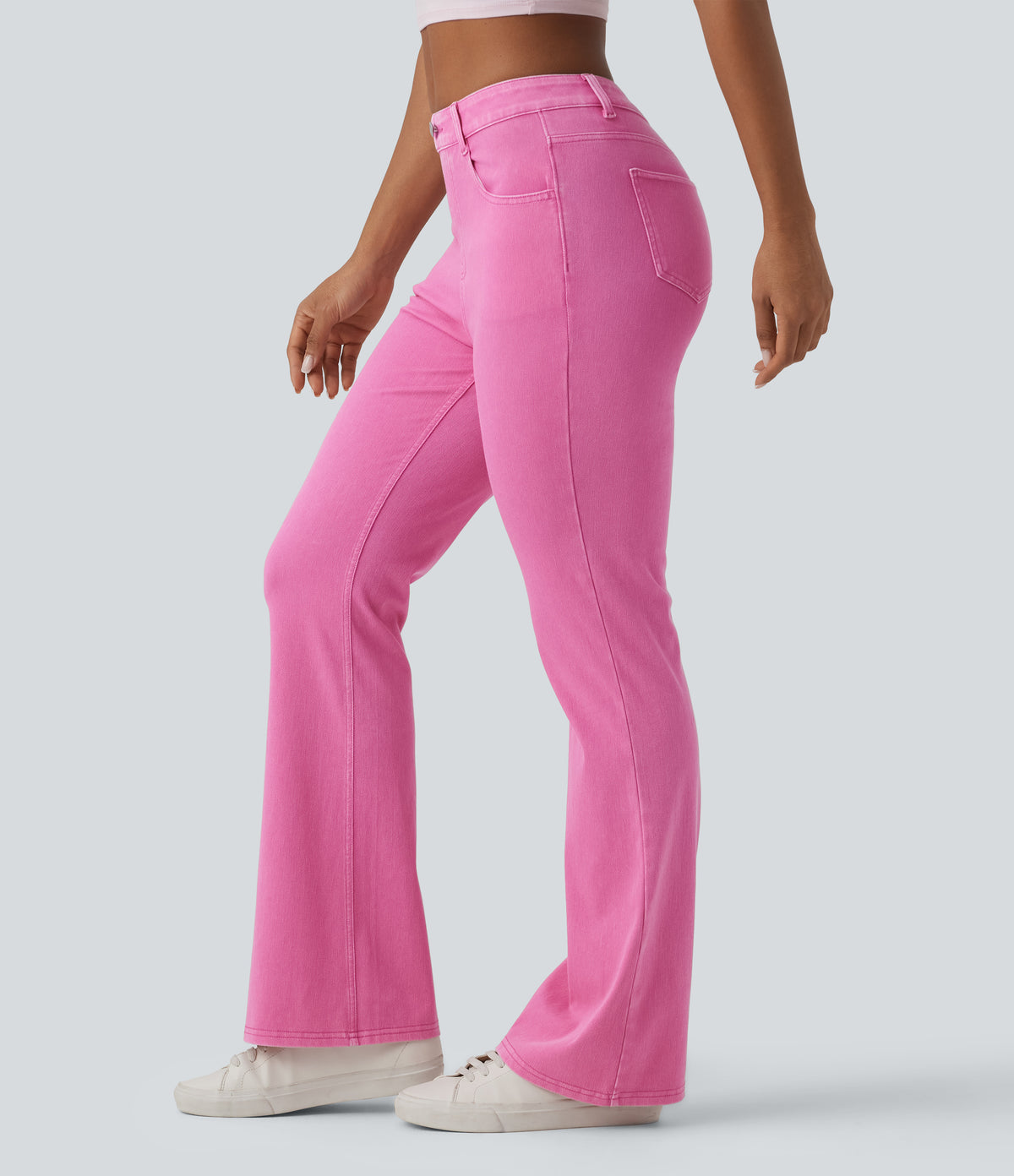High Waisted Colorful Casual Flare Jeans with Pockets — Fuchsia Fedora — view 1