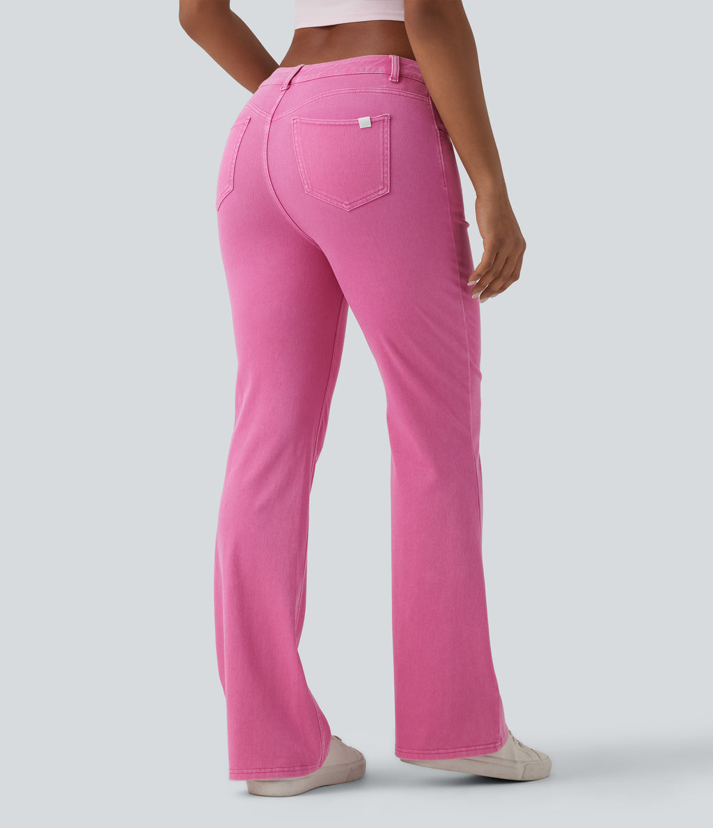 High Waisted Colorful Casual Flare Jeans with Pockets — Fuchsia Fedora — view 2