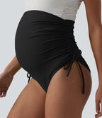 Super High Waisted Drawstring Ruched Maternity Bikini Bottom Swimsuit — Black — additional view