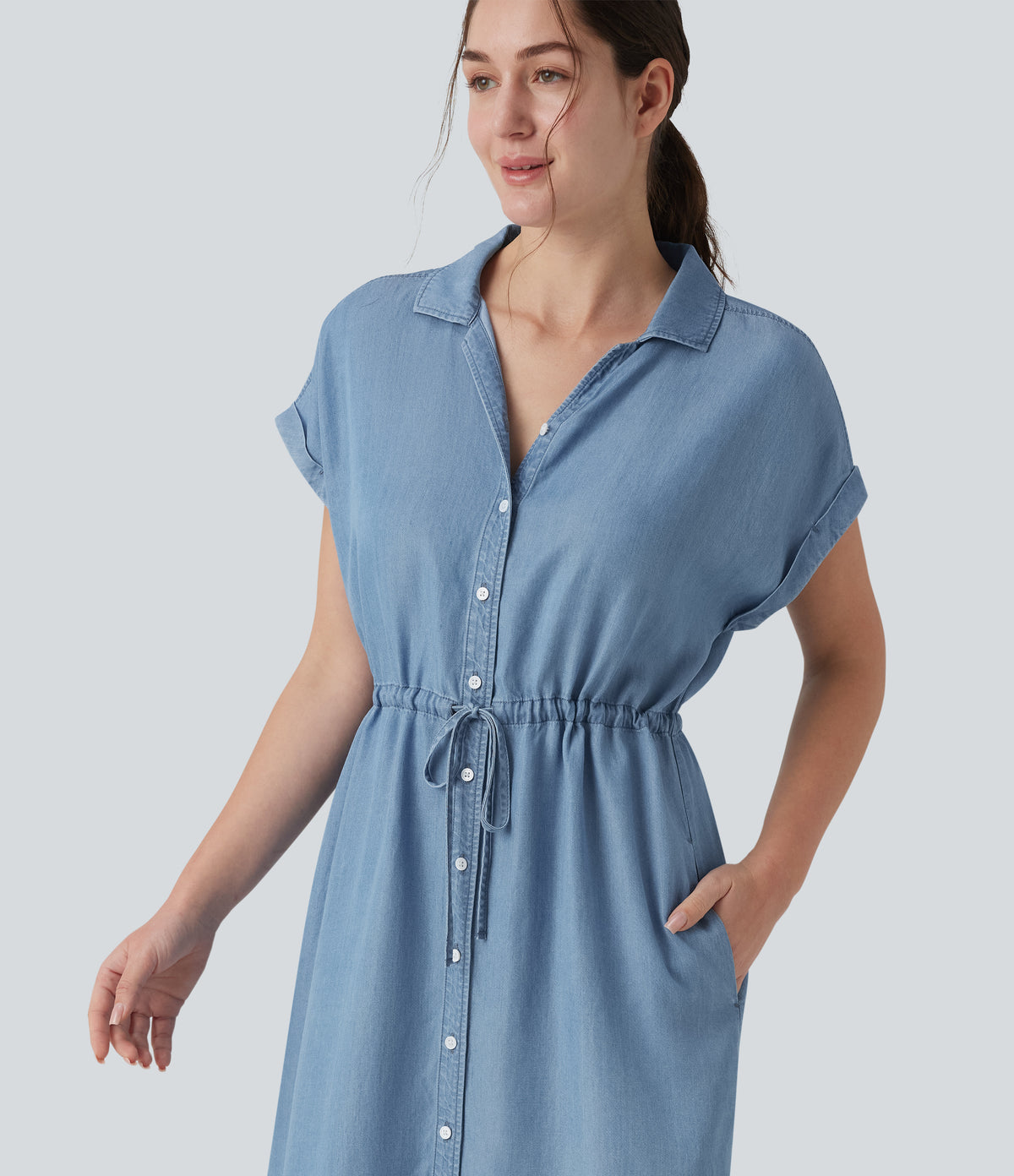 Collared Drawstring Button Fly Draped Casual Denim Shirt Dress with Pockets — Blue Jasper Denim — view 4