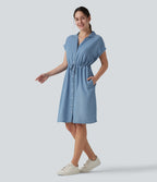Collared Drawstring Button Fly Draped Casual Denim Shirt Dress with Pockets — Blue Jasper Denim — view 3