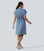 Collared Drawstring Button Fly Draped Casual Denim Shirt Dress with Pockets — Blue Jasper Denim — view 2