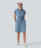 Collared Drawstring Button Fly Draped Casual Denim Shirt Dress with Pockets — Blue Jasper Denim — view 5